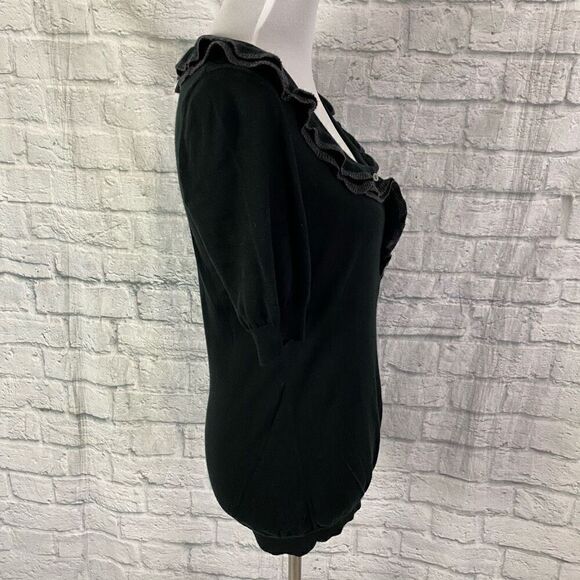 Banana Republic women M scoopneck short sleeve ruffle button front sweater black - Picture 6 of 10